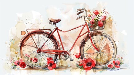 Fototapeta na wymiar 6K watercolor of a bicycle with flowers, vintage ink outlines, classic and charming, picturesque detail