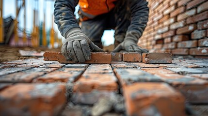 A close-up of a construction worker laying bricks with gloved hands, showcasing craftsmanship and hard work