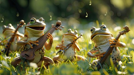 A group of frogs playing miniature instruments, creating a whimsical outdoor musical scene
