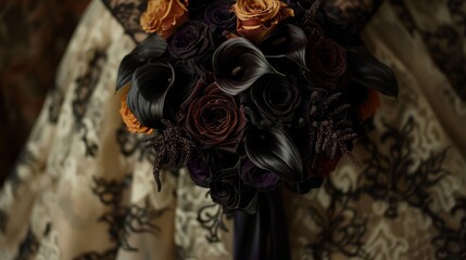 Bride in an intricate lace gown holding a bouquet of black and orange flowers, perfect for halloween-themed wedding and fashion editorial use.