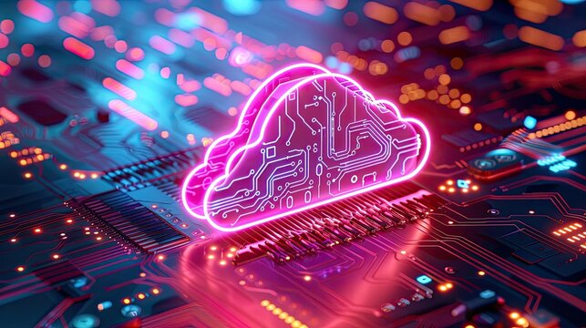 Neon cloud icon on a futuristic circuit board represents cloud computing technology, soft tones, fine details, high resolution, high detail, 32K Ultra HD, copyspace