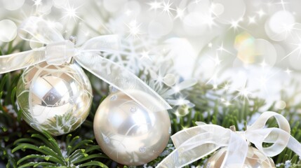 Christmas baubles with silky bows on a sparkling pine tree, ideal for elegant holiday decorations.