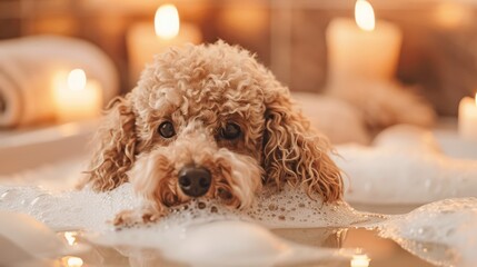 Poodle in bubble bath, suited for luxury pet care and spa themed imagery.