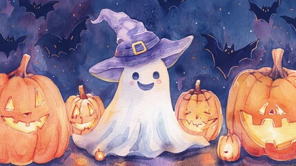 Charming watercolor Halloween scene with ghost and pumpkins, perfect for seasonal decor.