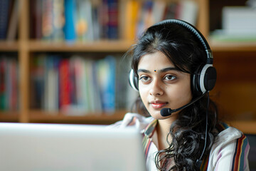 Indian young business woman student teacher tutor wear wireless headset video conference calling on laptop computer talk by webcam learn teach in online chat.