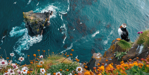 A cute puffin perched on the edge of an ocean cliff, overlooking beautiful blue waters and rugged...