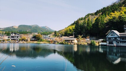 Fototapeta na wymiar landscape of lake Kinrin, Yufuin, Oita, Japan, spring and nature background 