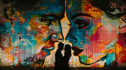 A couple embraces in front of a massive graffiti mural their backs to the camera. The bright abstract designs create a unique backdrop . .