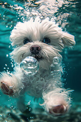 Adorable White Dog Swimming Underwater with Bubbles - obrazy, fototapety, plakaty