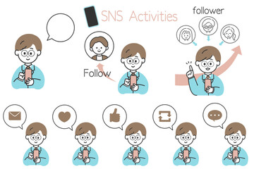 SNS運用の図解制作に便利！SNSを楽しむスーツの男性と吹き出しアイコンのセット