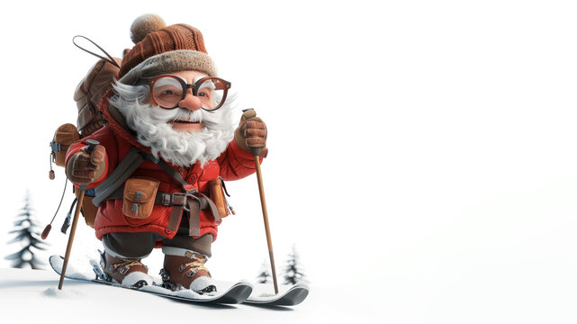 A old man on cross country skis with sticks, Active winter holidays