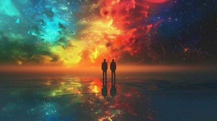 Silhouettes of three figures are visible against the bright colorful horizon of the extraterrestrial ocean. . . - obrazy, fototapety, plakaty