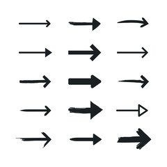 Set of black arrows of with various stroke size pointing right side 