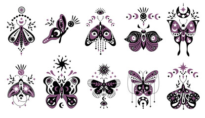 Mystical celestial butterflies and moths in boho style. Isolated cliparts on white background. 