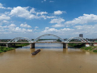 Aerial view of Dong Tru bridge crossing Red River in Hanoi