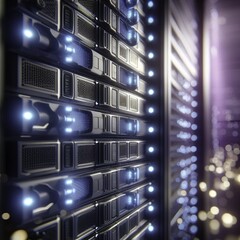 Zukunftsorientiertes Rechenzentrum: Schimmernde Server in einem beleuchteten Gang als Symbol für technologischen Fortschritt und solide digitale Infrastruktur