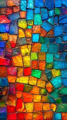 A close-up of a colorful mosaic made from cracked glass pieces, displaying an intricate pattern and a rich palette of colors.