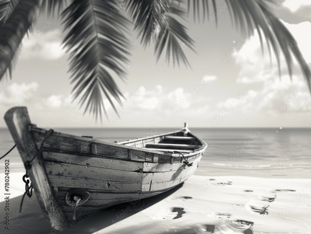 Sticker Boat is sitting on beach with palm tree in background