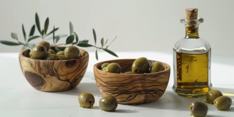 Bowl of olives sits on table next to bottle of olive oil