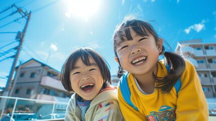 青空の下、日本の校庭で遊ぶ笑顔な小学生の女の子2人、下からアングル