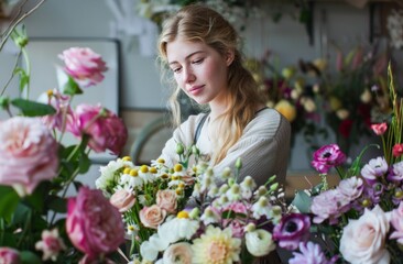 Florist in Apron Arranging Fresh Pink Roses and White Flowers in a Bright Shop