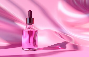 Serene Pink-Hued Scene Featuring a Single Glass Dropper Bottle in Soft Lighting