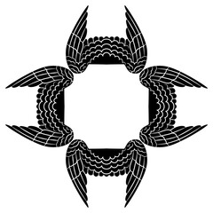 Cross shape ornament or frame with bird's or angel's wings. Black and white silhouette.