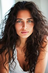 A close-up of a young woman with striking green eyes and voluminous curly dark hair 