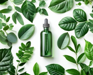 A green dropper bottle takes center stage amidst a variety of lush