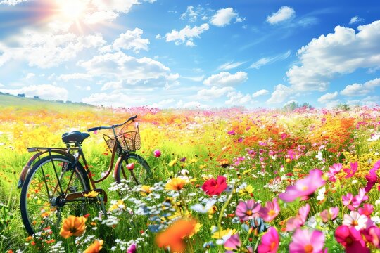 Vintage Bicycle Parked Amidst a Colorful Field of Wildflowers on a Sunny Day