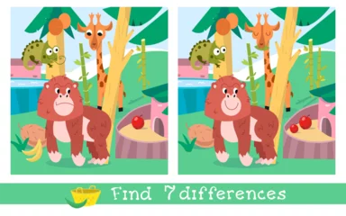 Foto op Canvas Find 7 differences. Puzzle game for children. Cute animals at zoo. Vector cartoon illustration. Funny bird animal. © AngArt