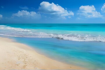 Fototapeta na wymiar Beautiful beach view in sunny day. Blue sky and relaxing blue sea beach