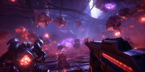 first person view of an abstract cybernetical shooter with aliens and robots, light violet and dark orange, video game , hyper-realistic details, photo taken from video game