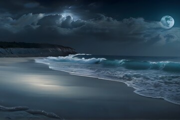 Beautiful and calm sea beach in night. Beach and night sky.