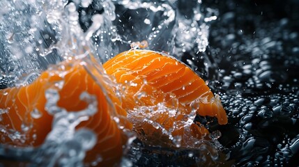 Close-Up of Fresh Salmon Sashimi with Glistening Water Droplets