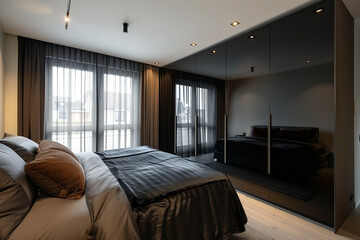 Fototapeta na wymiar Black wardrobe with glossy sliding doors in minimalist style interior design of modern bedroom