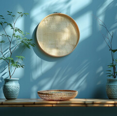 top view ,high angle view , a basket in outside of cafe on table , eveinng background , half moon , blue theme 