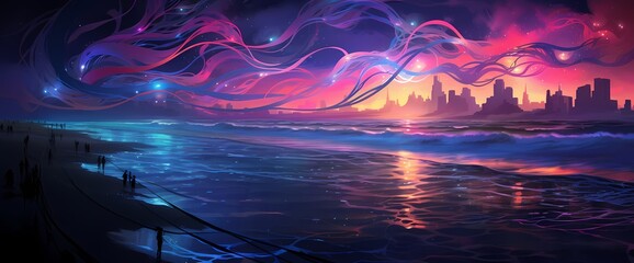 Neon waves crashing against the shores of eternity, leaving trails of enchanting light in their wake.