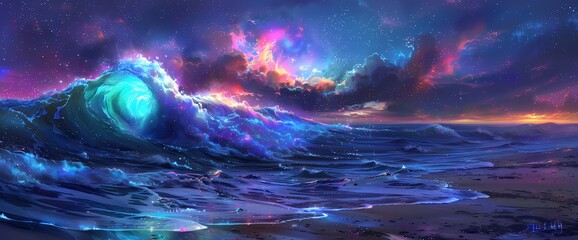Neon waves crash against the shores of infinity, their luminous spray painting the cosmic horizon with an enchanting display of color. - obrazy, fototapety, plakaty
