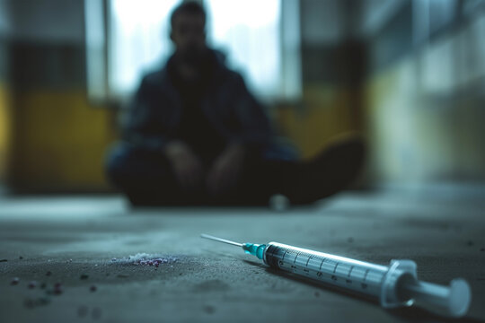 Close-up of a syringe with a blurred man drug addict sitting in the background - addiction crisis, help support.