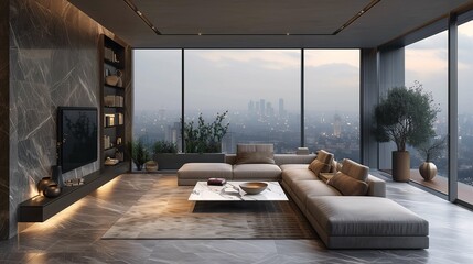 Modern Living Room with City Skyline View at Dusk