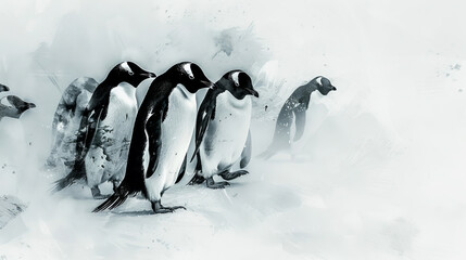 A group of penguins standing in the snow