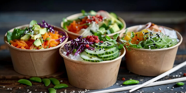 brown paper  with colorful salad and rice, each featuring different ingredients like avocado or cucumber slices, on top of an aged wooden table with white chopsticks resting beside them.