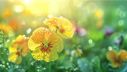 Zelfklevend Fotobehang summer or spring flowers meadow, beautiful flowers in the sun with water droplets, vibrant, selective focus and soft blurred background © Ita Rosita