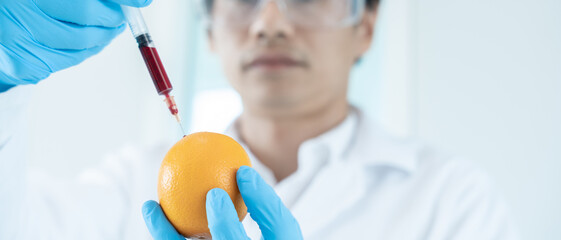 Scientist check chemical food residues in laboratory. Control experts inspect quality of fruit,...