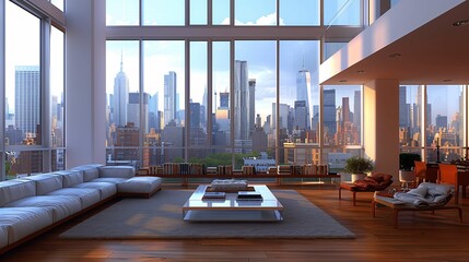 Modern Luxury Apartment Interior with New York City View - obrazy, fototapety, plakaty