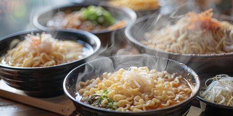 close up of steaming hot ramen noodles in bowls, generative AI