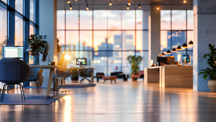 Modern office space with computers at sunset, showcasing elegant interior design and expansive city views.