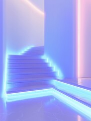 Obraz premium Futuristic neon lit staircase and pillars. A vibrant, futuristic design with glowing neon lights illuminating a staircase and surrounding pillars, creating a surreal environment