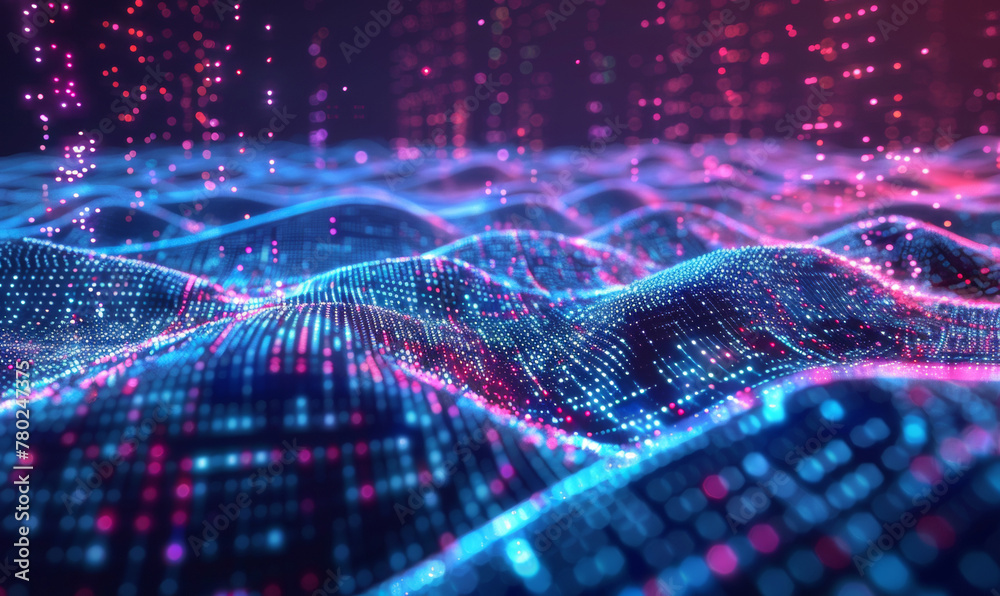Poster Abstract multicolored digital particles in cyberspace. Futuristic background with bokeh defocused lights 3d style